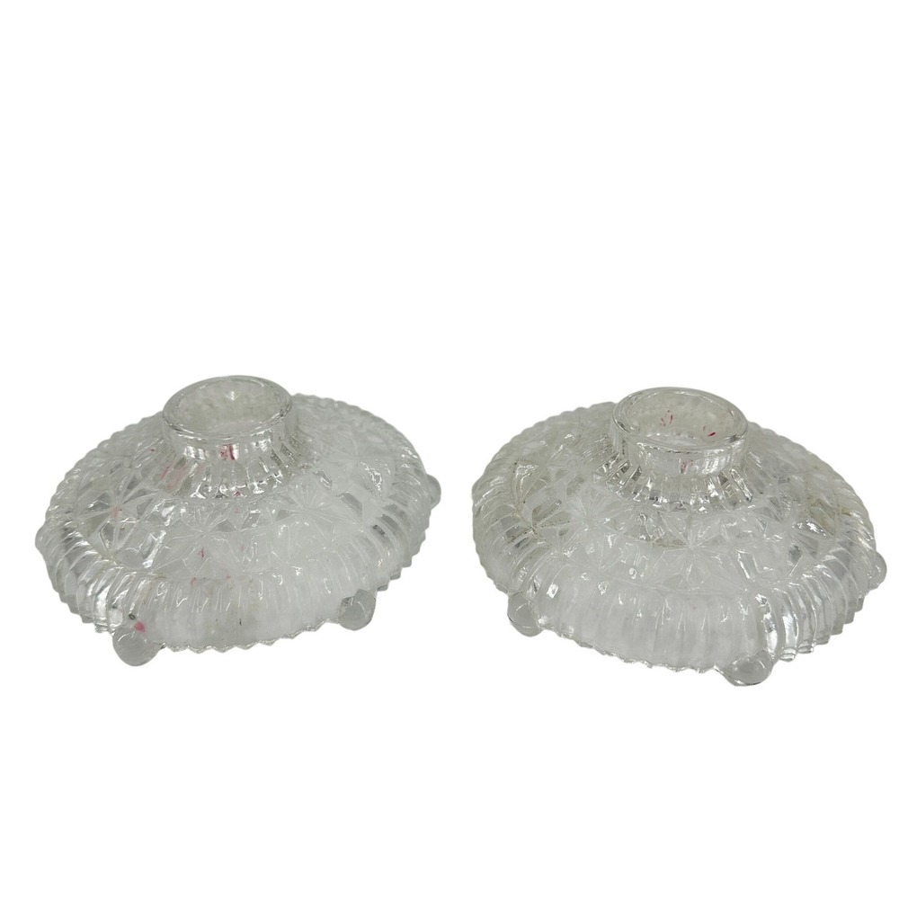 Vintage Anchor Hocking Stars & Bars Clear Pressed Glass Candlestick Holders Pair